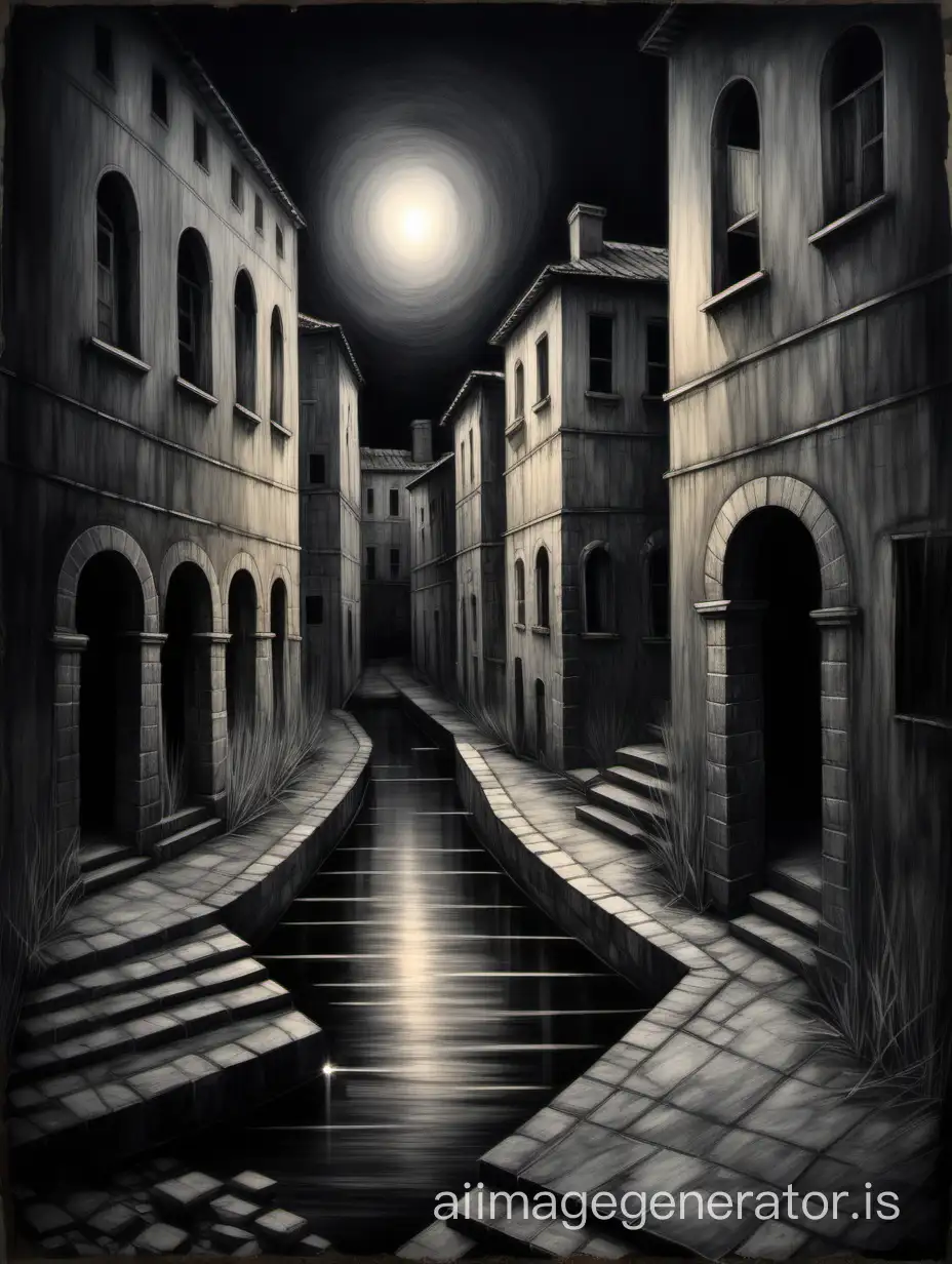 calm mood, abstract 2D shape, charcoal and oil drawing, old courtyard by the river, abandoned city, evening, light emitting, black background