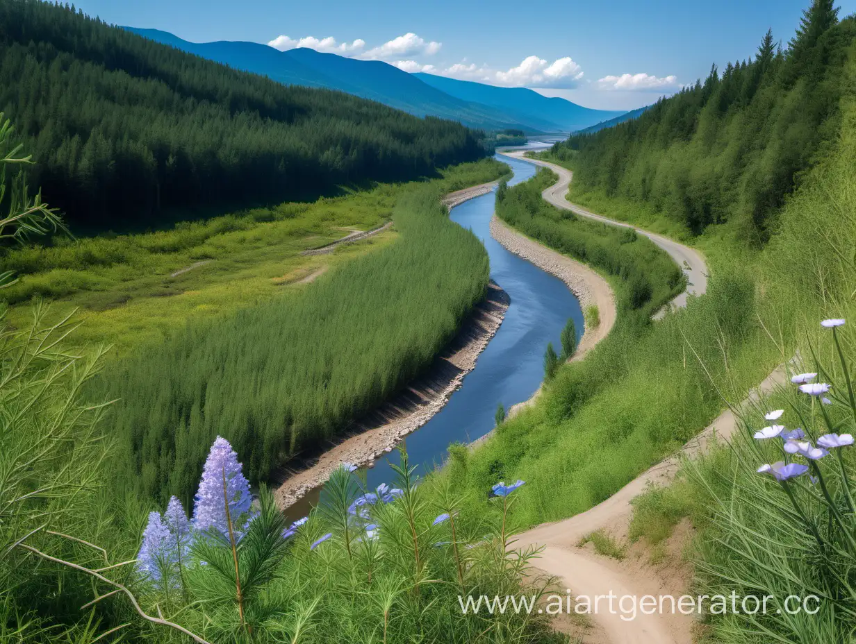 Tranquil-Nature-Scene-Sunlit-River-and-Winding-Dirt-Road