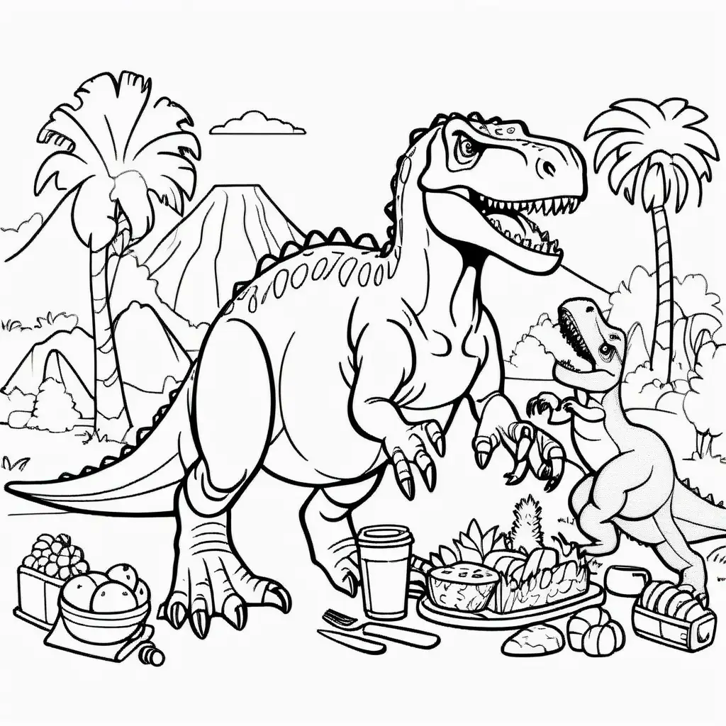 b/w outline art for kids coloring book page dinosaur themed, on daily life activities coloring pages: Tyrannosaurus rex having a picnic (((((white background))))). Only use outline, cartoon style, line art, coloring book, clean line art, sketch style, line art