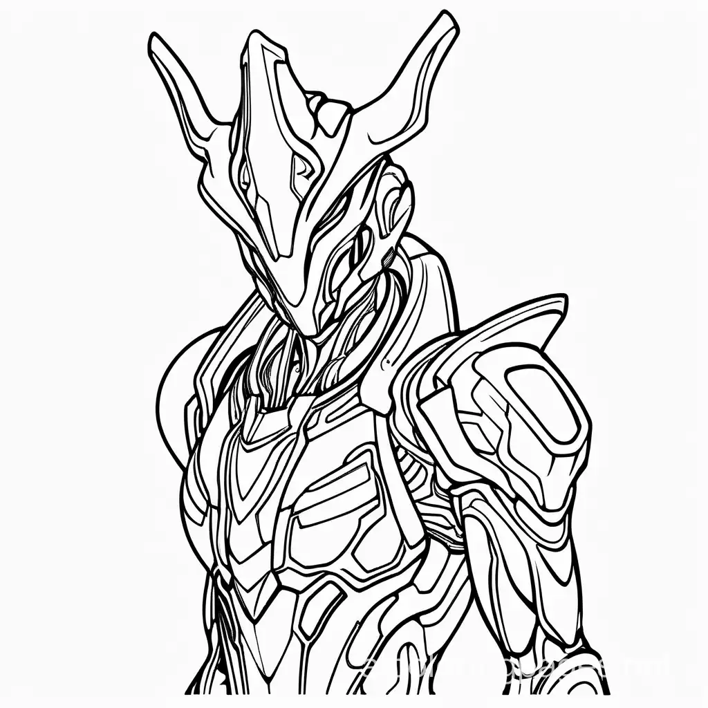 Warframe Notna, Coloring Page, black and white, line art, white background, Simplicity, Ample White Space. The background of the coloring page is plain white to make it easy for young children to color within the lines. The outlines of all the subjects are easy to distinguish, making it simple for kids to color without too much difficulty