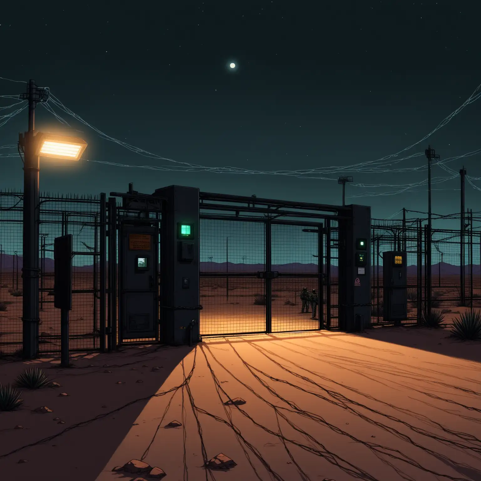 Point and click horror game at night, The entrance gate to Area 51 is a formidable barrier, guarded by high fences topped with razor wire and surveillance cameras scanning the perimeter. Two massive steel gates stand sentinel, flanked by guard towers equipped with spotlights and armed security personnel. Floodlights illuminate the area, casting harsh shadows across the desert landscape. Signs warning of lethal force and restricted access serve as a chilling reminder of the facility's secrecy. As the player approaches, they must devise a plan to bypass security and gain entry to the mysterious compound, setting the tone for the perilous journey that lies ahead.