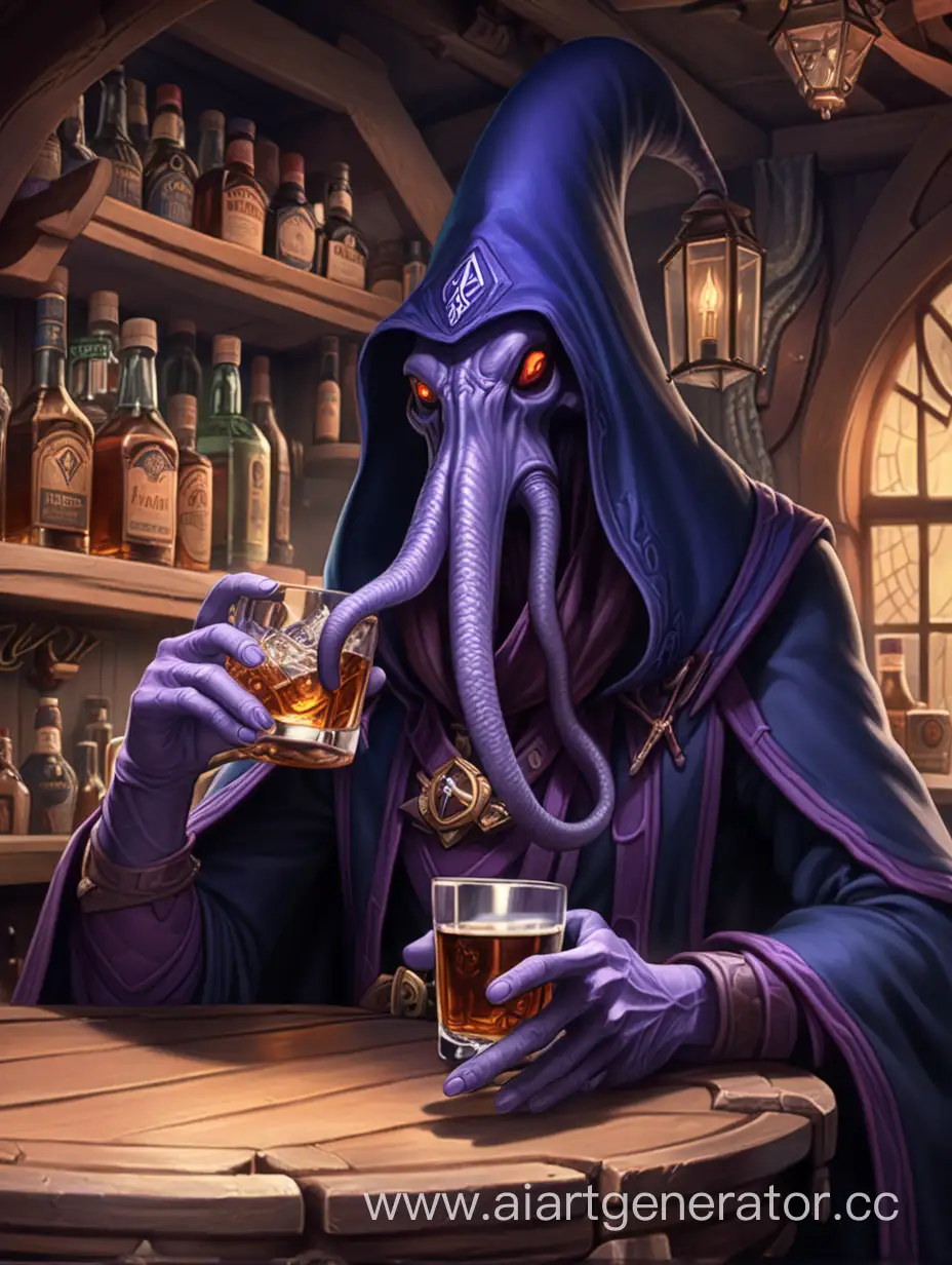 Illithid drinking whiskey in the fantasy tavern