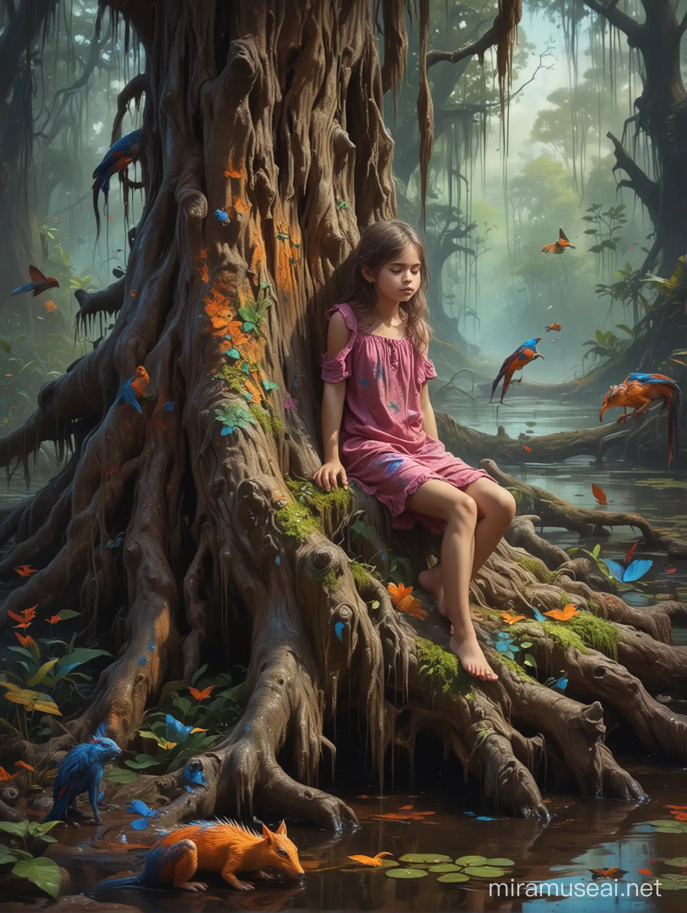 DAUGHTER OF THE JUNGLE sleep on old tree at swamp, with weird creatures at Old forest. full body, Splashes Colors, Oil Painting, New Classic style.