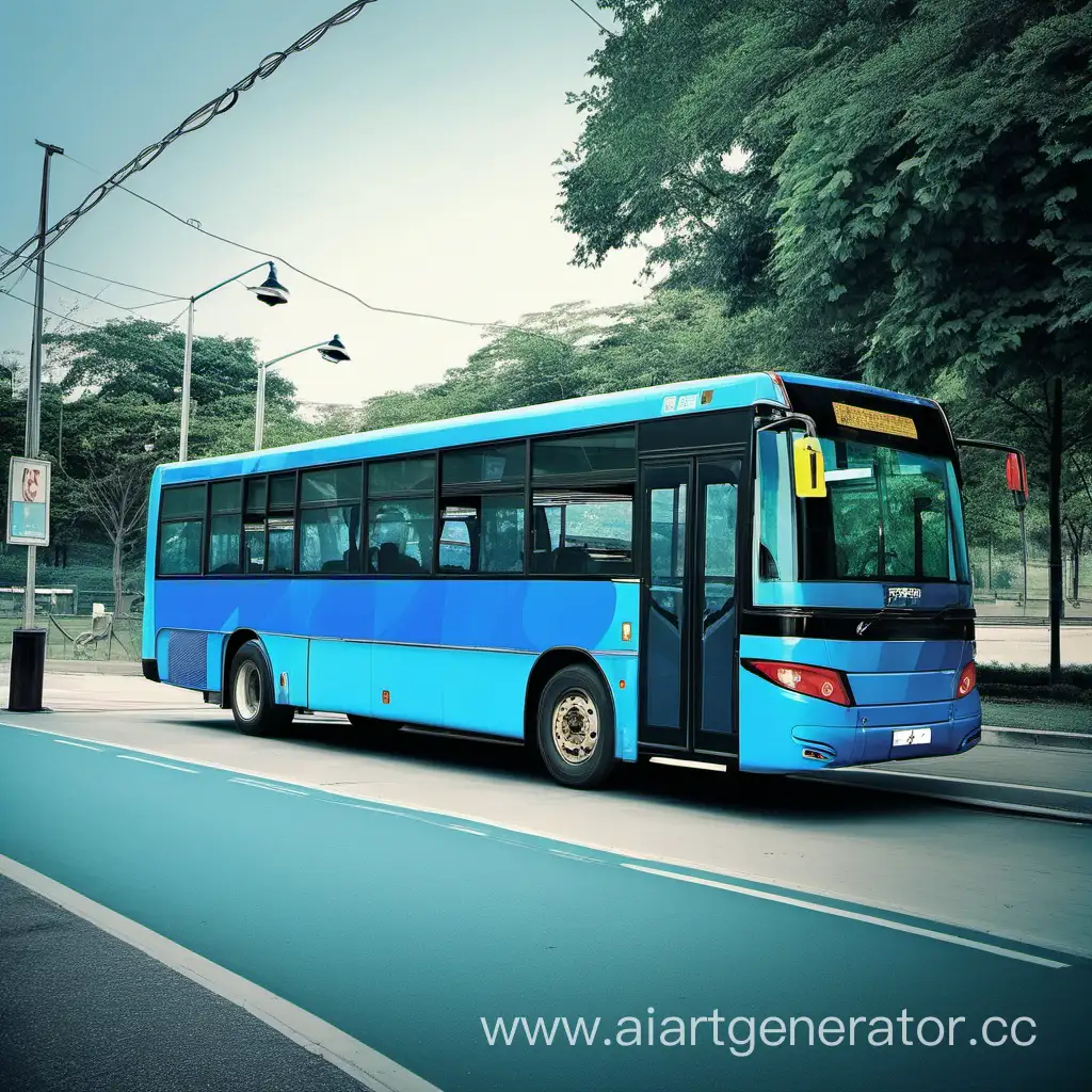 синий пассажирский автобус стоит на остановке фотография