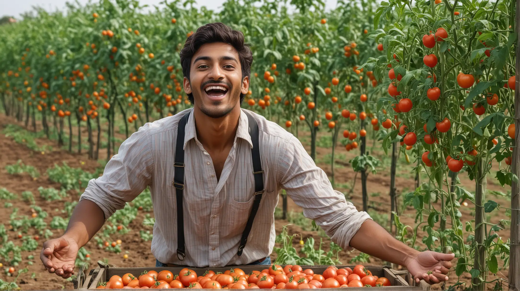 generate a thumbnail for a youtube video showing success story of a young Indian happy farmer jumping with joy in a tomato field with bountiful harvest and  10 carets full of tomatoes and surprised look on the face