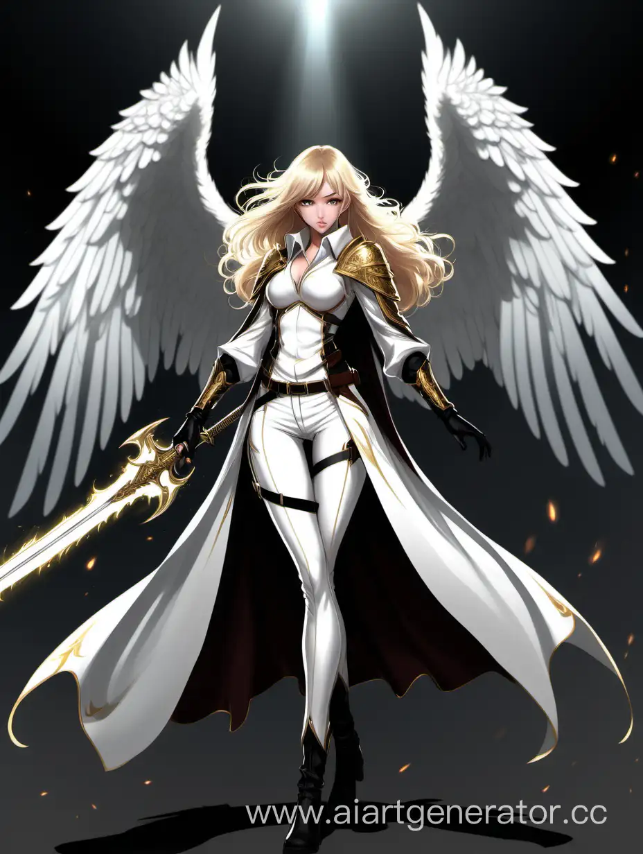 concept art, character, angel girl in white pants, golden collar, white wings behind her back, holding a sword in her hands, magic, anime, full height, combat stance, high boots, black gloves, long light hair, cloak