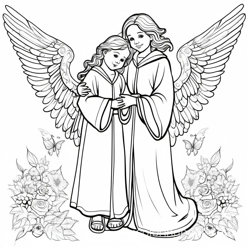 Beautiful Angel gressed in an elegant long white robe and nice shoes hugging a little boy., Coloring Page, black and white, line art, white background, Simplicity, Ample White Space. The background of the coloring page is plain white to make it easy for young children to color within the lines. The outlines of all the subjects are easy to distinguish, making it simple for kids to color without too much difficulty