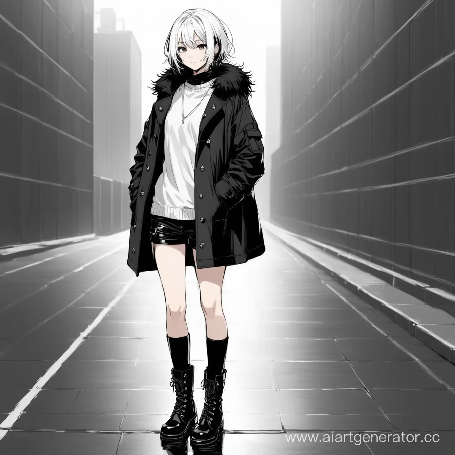 Stylish-Urban-Chic-Black-and-White-Coat-with-Shaggy-Hair-and-Boots