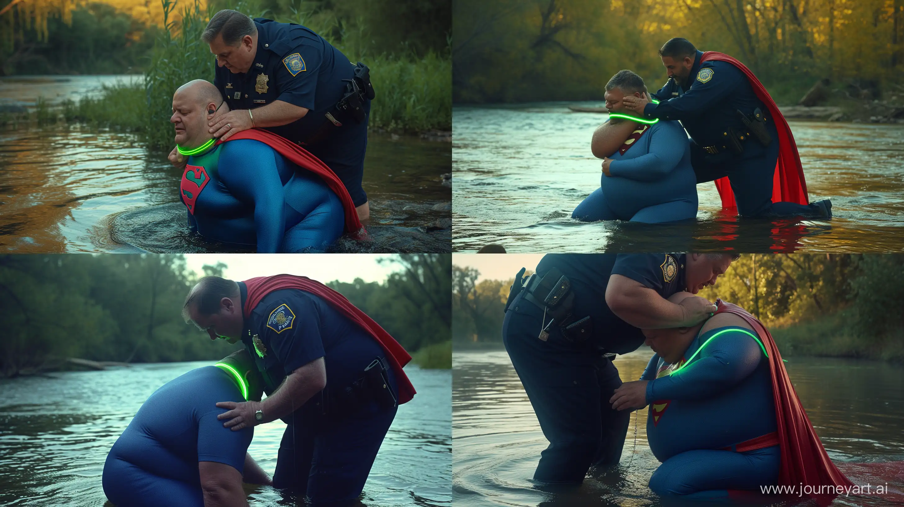 Close-up photo of a fat man aged 60 wearing a navy police uniform. Bending behind and tightening a tight green glowing neon dog collar on the nape of a fat man aged 60 wearing a tight blue 1978 smooth superman costume with a red cape kneeling in the water. Natural Light. River. --style raw --ar 16:9