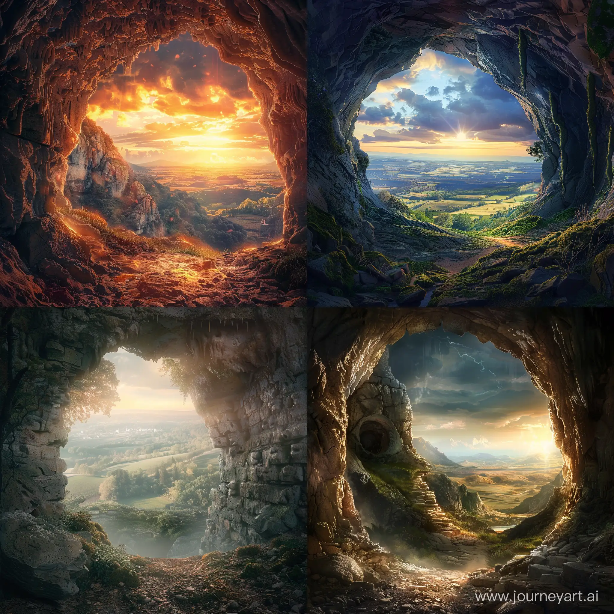 ancient dungeon, large magic cave, mystery, photorealism, magic light, beautiful landscape in background