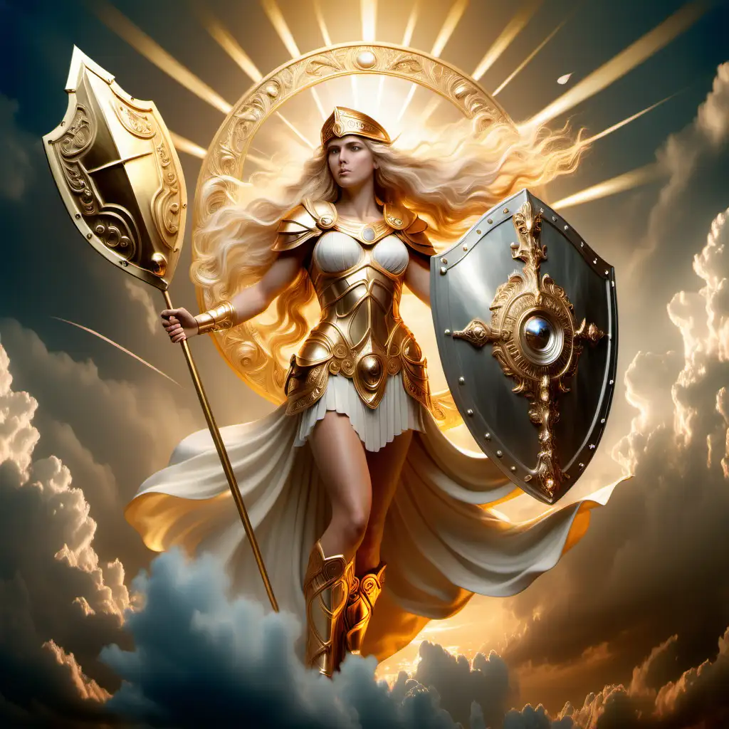 a beautiful female goddess athena with  long blonde hair and a golden crystal spear and holding an ornate shield standing in floating in the golden sky , surrounded by soft clouds