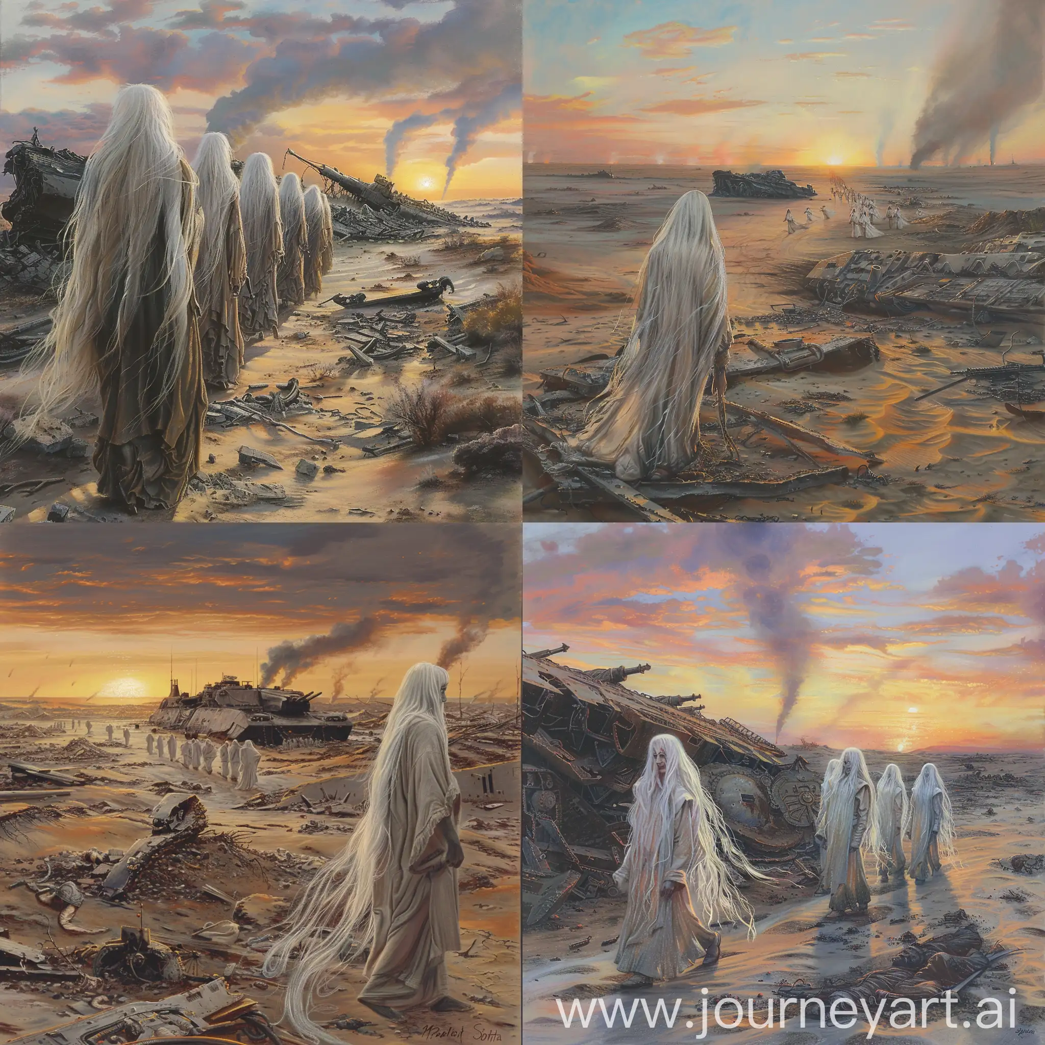 pastel painting of long white haired adepta sororitas, marching slowly through the debris of desert battlefield, wrecked armoured carrier, sunset, smoke columns in the distance 