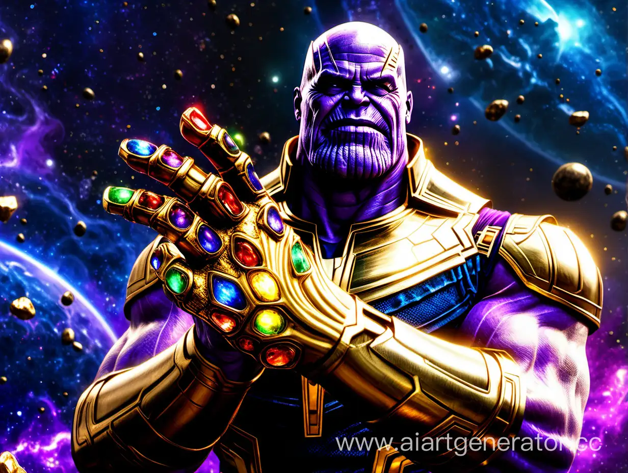 Thanos Maximovich, Thanos's golden gauntlet with the Infinity Stones, space, 3D, 8K, Thanos smiles like a demon, Marvel.