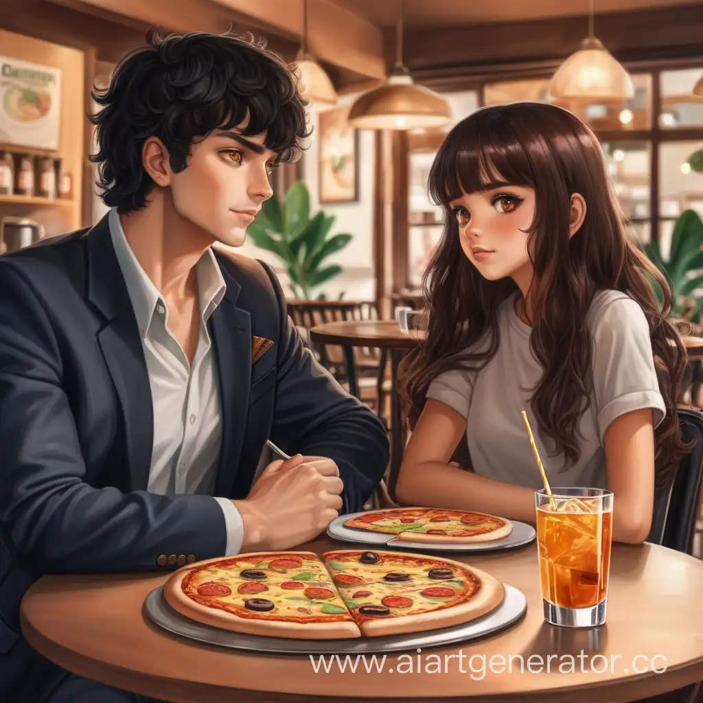 Парень с чёрными волосами и карими глазами в кафе и сидит за одним столиком с девушкой с каштановыми волосами и карими глазами а на столе стоят два коктейля и пицца