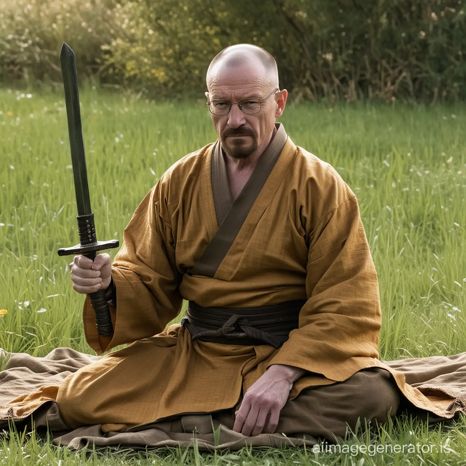 Walter White in samurai Robe with bun hair meditating in the grass holding sword in hands
