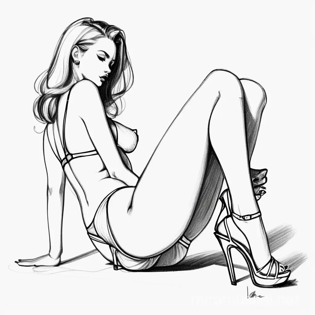 Laying Woman in High Heels Sketch Illustration of a Woman in Underwear