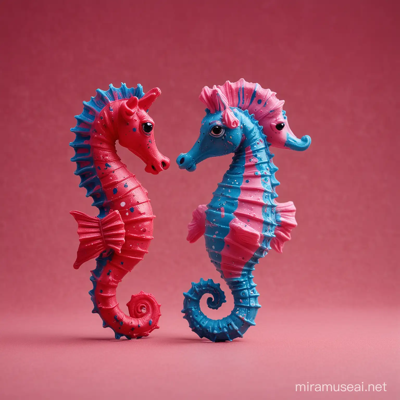 blue toy seahorse and pink toy seahorse, red background, low light