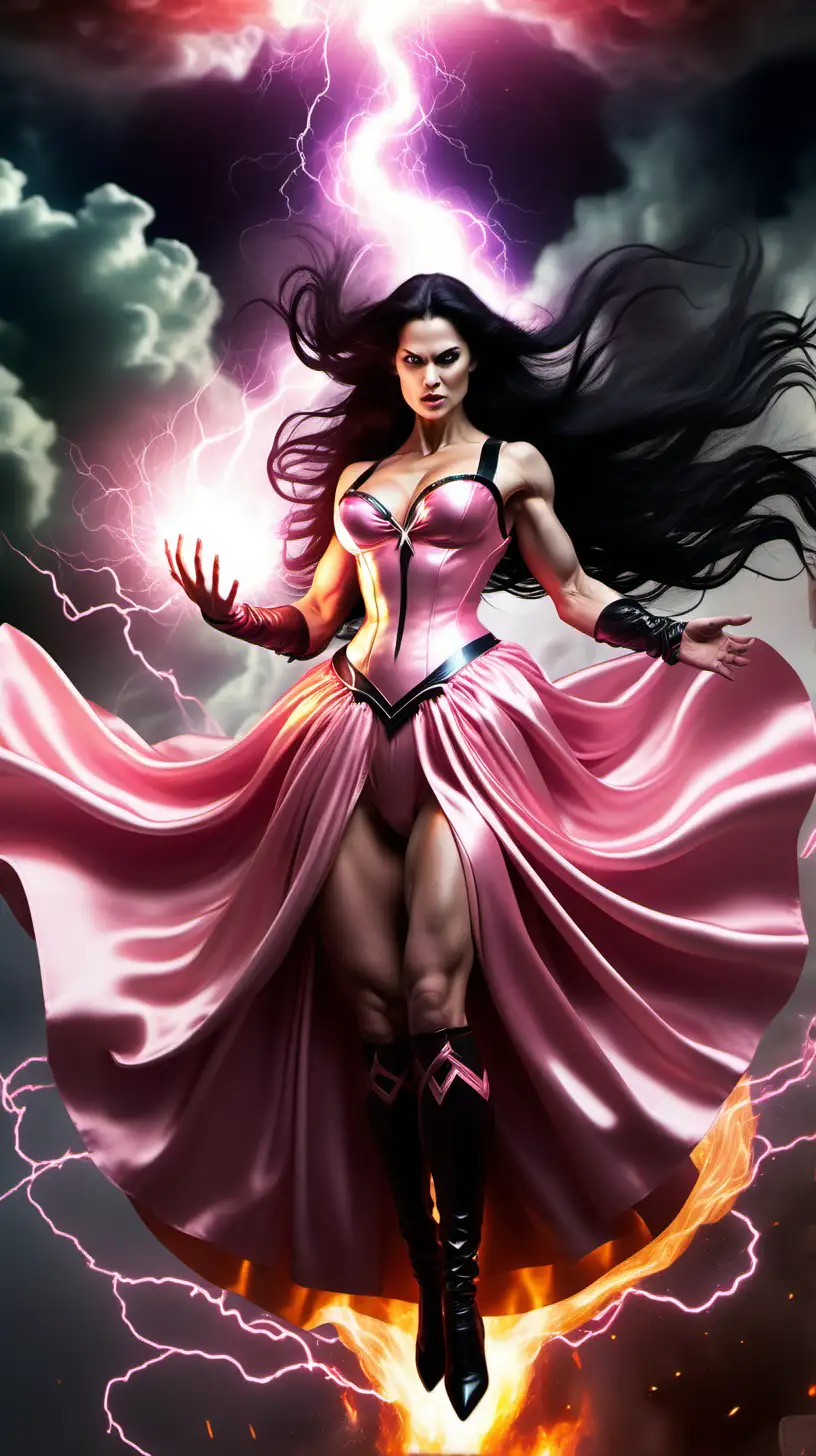 All powerful super being controlling the universe with mystical powers. Thunder lightning electrical with fire and smoke. Levitaring, hovering, flying. unleashing her fury on some poor peasants. Looks like very muscular good witch glinda with glossy long black hair, biggest muscles in history, large fake implants. Pink satin