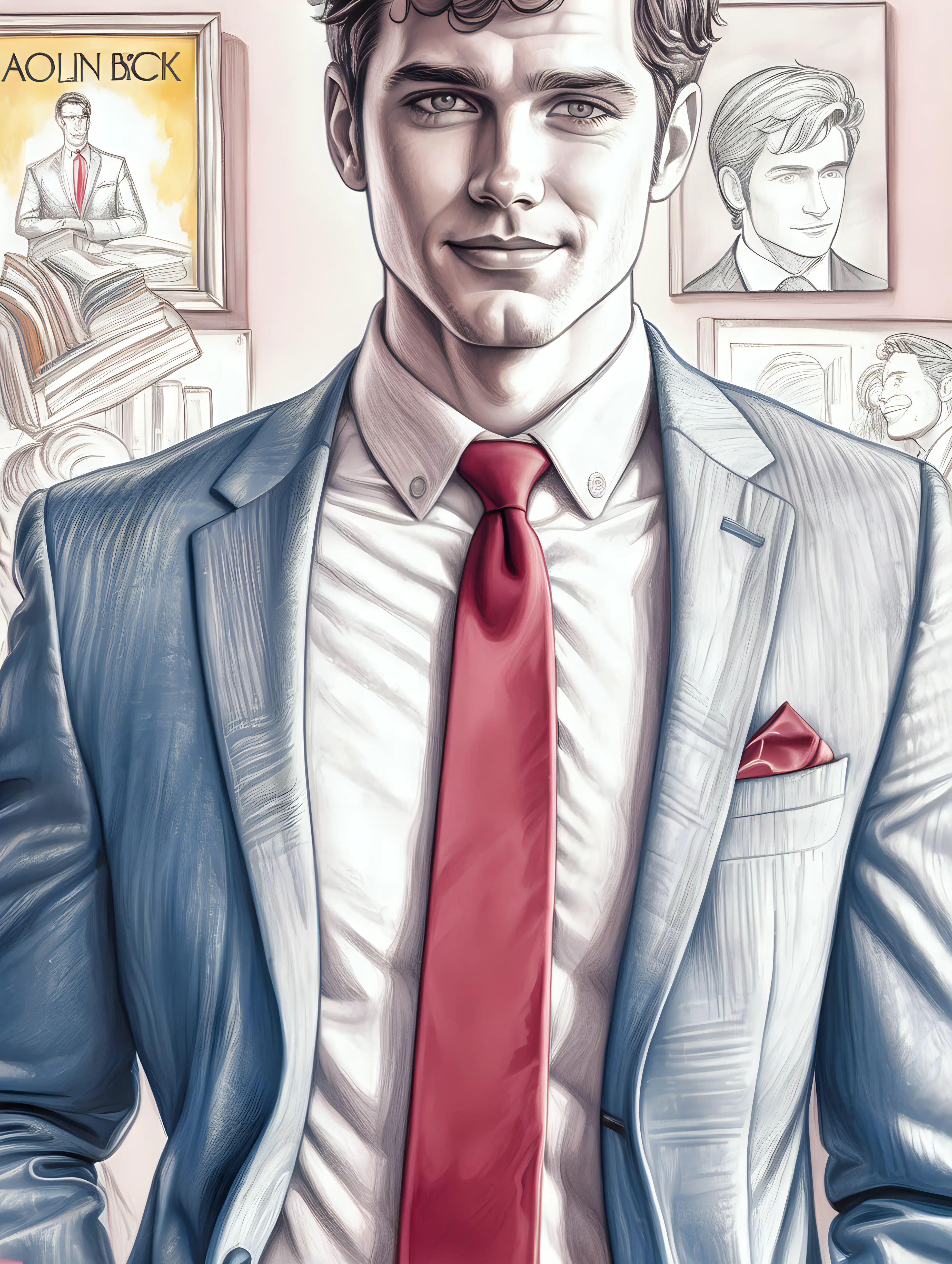 A book cover close-up colorful sketch of a suit and crimson tie, zoom in on the man's collar, in a rom-com animation style of THAT GUY book cover
