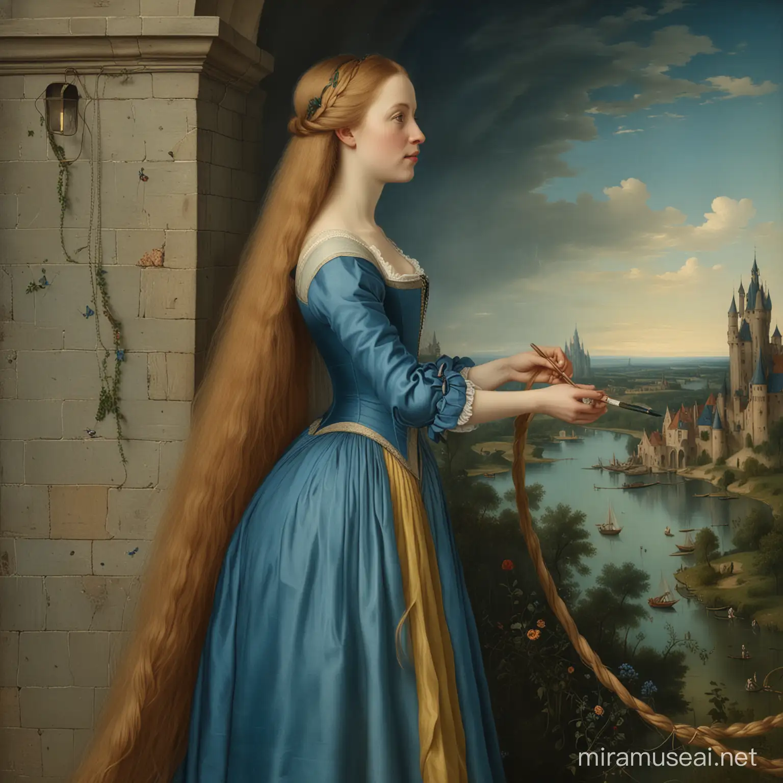 Hyeronimus Bosch paints Rapunzel as a beautiful woman wearing a blue rich dress. 