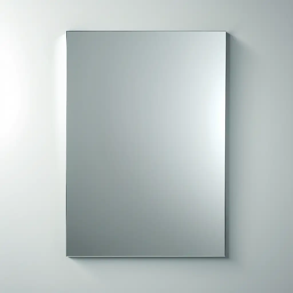Wizualizacja lustra wiszącego o kształcie prostokątnym. Bez ramy. Barwa lustra srebrna. Tło białe.
