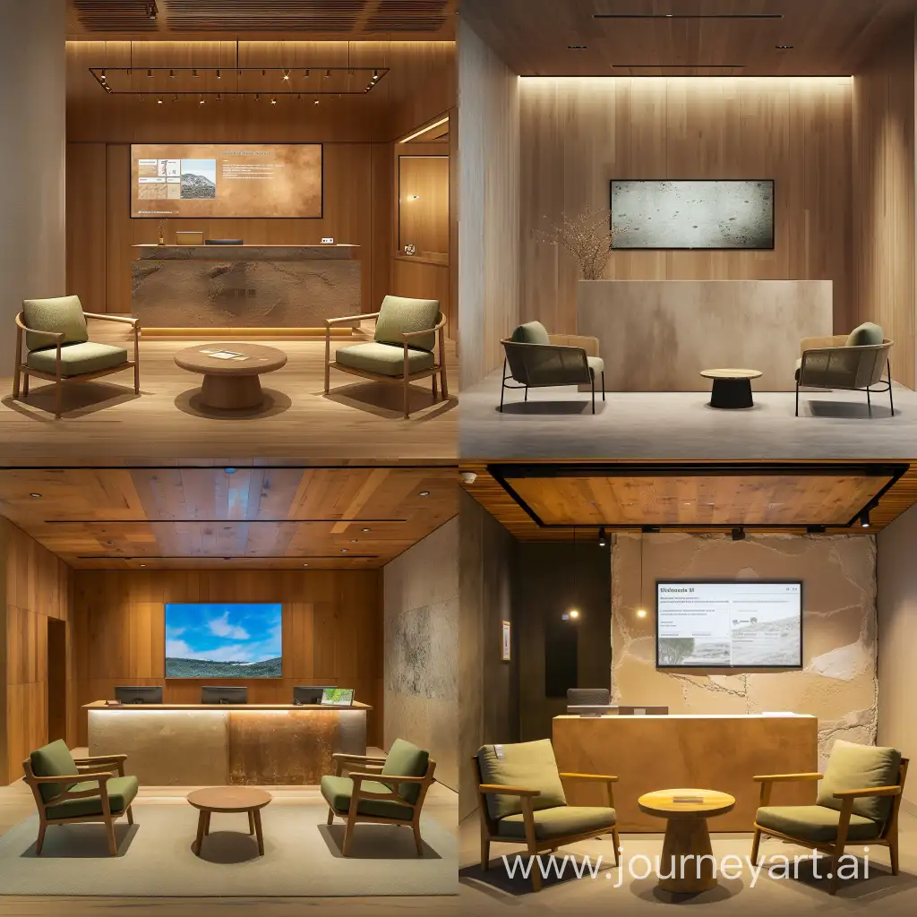 imagine  an image of The entrance area is designed to create a welcoming and sustainable atmosphere for visitors. The reception desk, made from reclaimed wood and polished natural stone, sets the tone with its clean and minimalist aesthetic. The digital signage mounted on the wall behind the reception desk showcases high-resolution imagery that narrates the brand's commitment to sustainability.
The seating area features two armchairs made with recycled aluminum frames and upholstered in green, sustainable fabric, providing a comfortable space for visitors to wait. The small, round coffee table, also made from reclaimed wood, complements the seating area.
To enhance the ambiance, ambient lighting is achieved through ceiling-mounted, energy-efficient LED lights. Additionally, a focused spotlight on the digital screen draws attention to the brand's sustainability narrative, while a warm, diffused lamp in the seating area creates a cozy atmosphere.Overall, the entrance area combines functionality with an inviting ambiance, incorporating natural and sustainable materials to reflect the brand's commitment to sustainability.realistic style