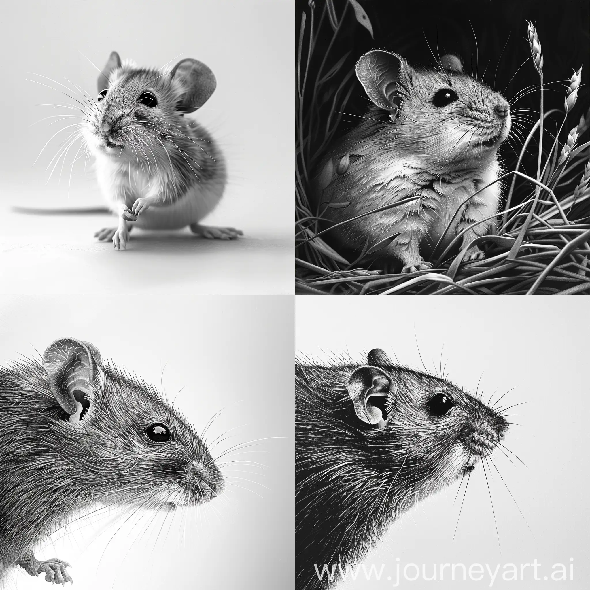 realistic black and white portrait of a field mouse, design, delicate portrait, illustration, hyper-realistic