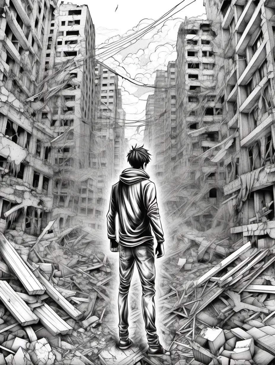 Detailed Manga Hero Coloring Page in a Destroyed Cityscape