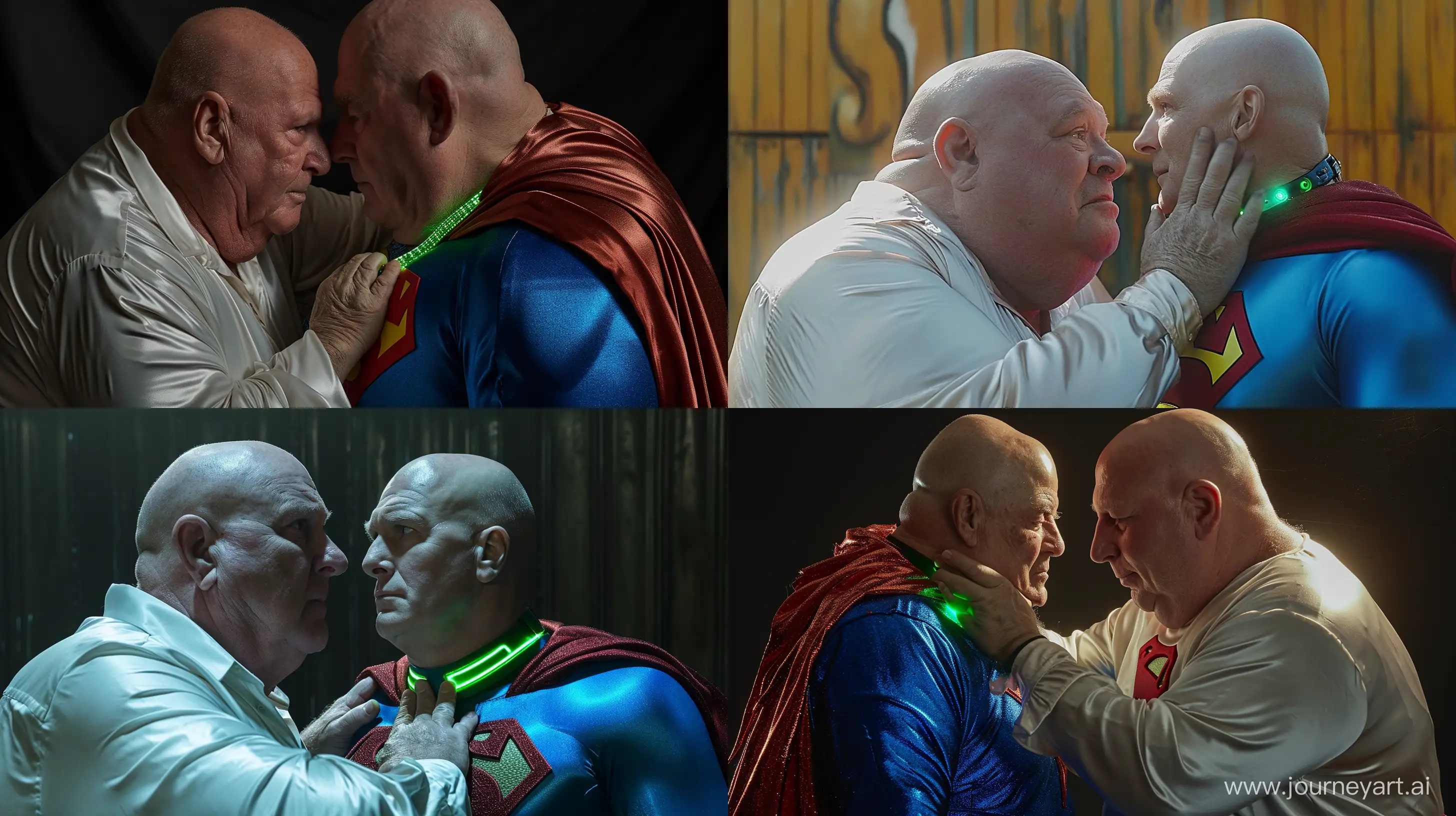 Closeup portrait photo centered on the face of a chubby man aged 60 wearing a silky white shirt touching another chubby man aged 60 wearing a blue silky superman costume with a large red cape and a green glowing small short dog collar. Outside. Bald. Clean Shaven. --style raw --ar 16:9 --v 6