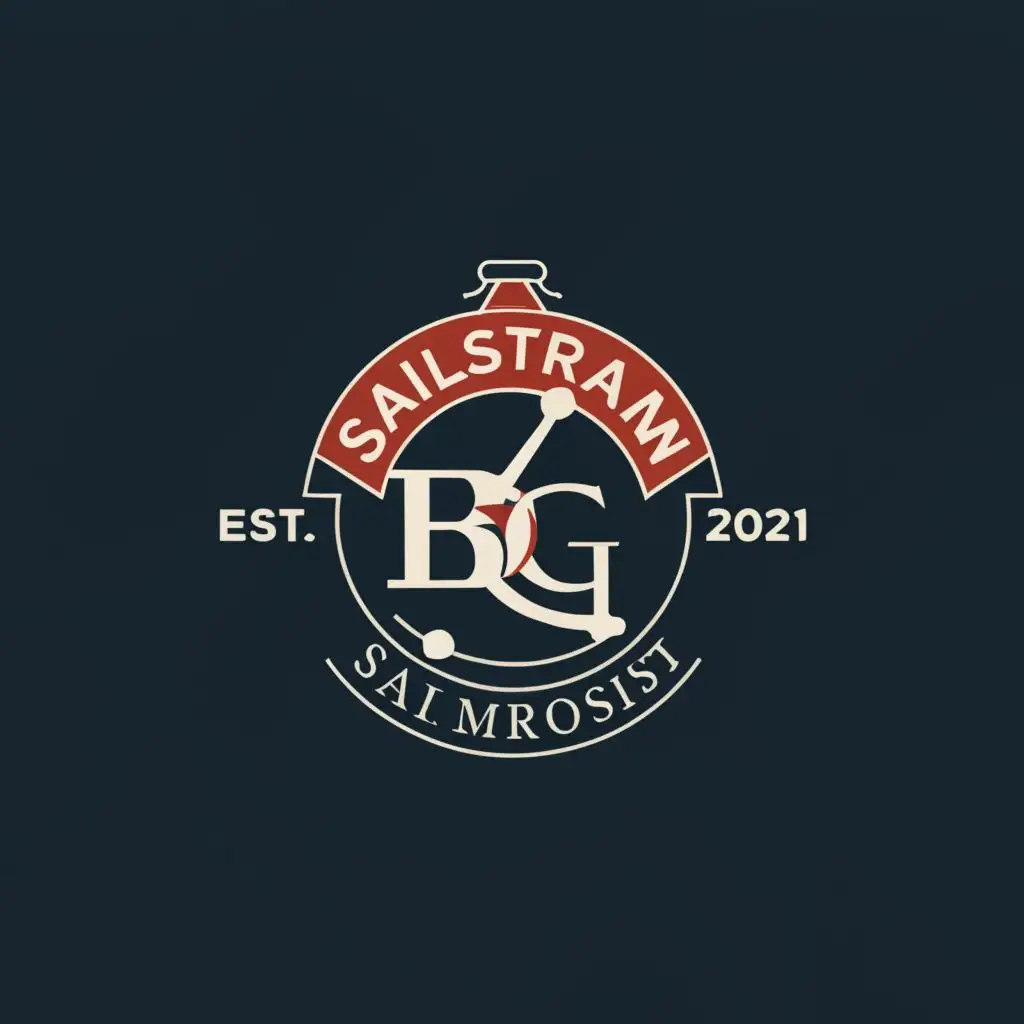 a logo design,with the text "BLG Sailstream BENOIST", main symbol:The logo base: sailing, wind rose. Colors: the image is red and the background is navy blue. The text is white/marine green 'B', 'L', 'G'. ,Minimalistic,be used in Travel industry,clear background