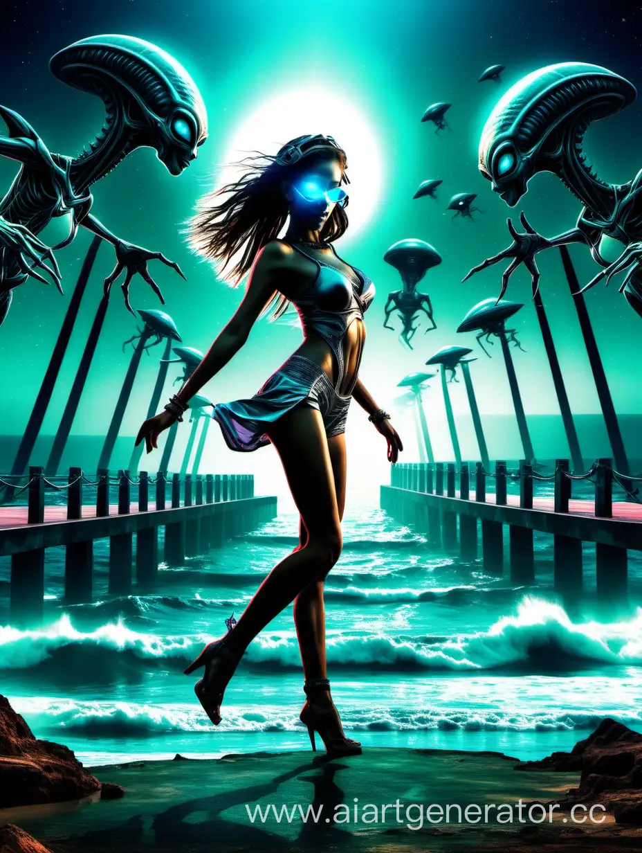background for flyer, techno party, ocean view, girl dance, goa, digital art, aliens dance 
