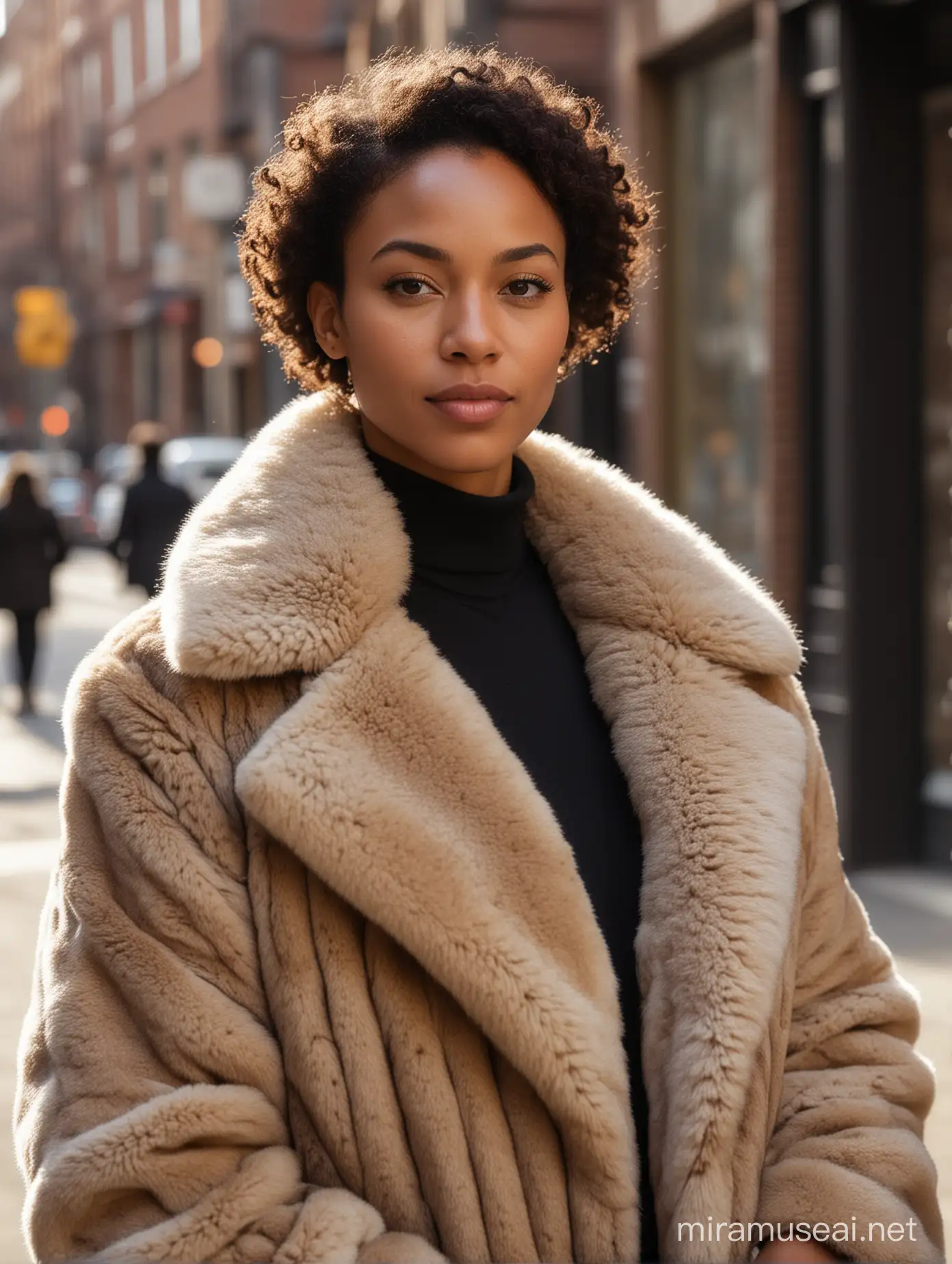 the 35 year old beautiful and elegant African American mixed race  woman 1800s fur coat is in the a street of 1920s Harlem  style office she is looking at the camera lens in the style of light brown and dark black, 1800 s harlem influences, fashwave, candid celebrity shots, uhd image, body extensions, natural beauty --ar 69:128 --s 750 --v 5. 2