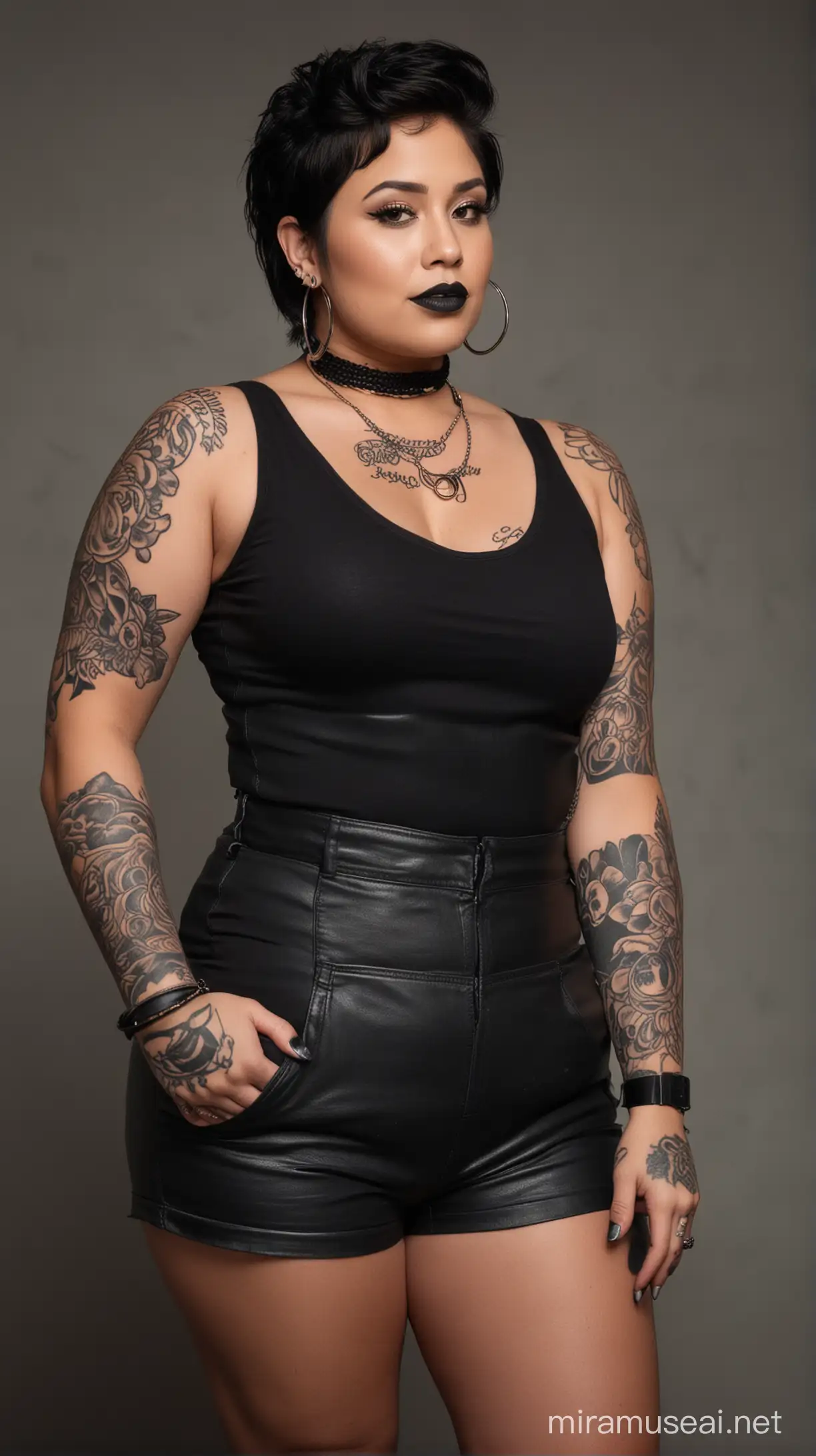 Beautiful Chubby Chicana in Renaissance Pose Vieja with Black Lipstick and Tattoos
