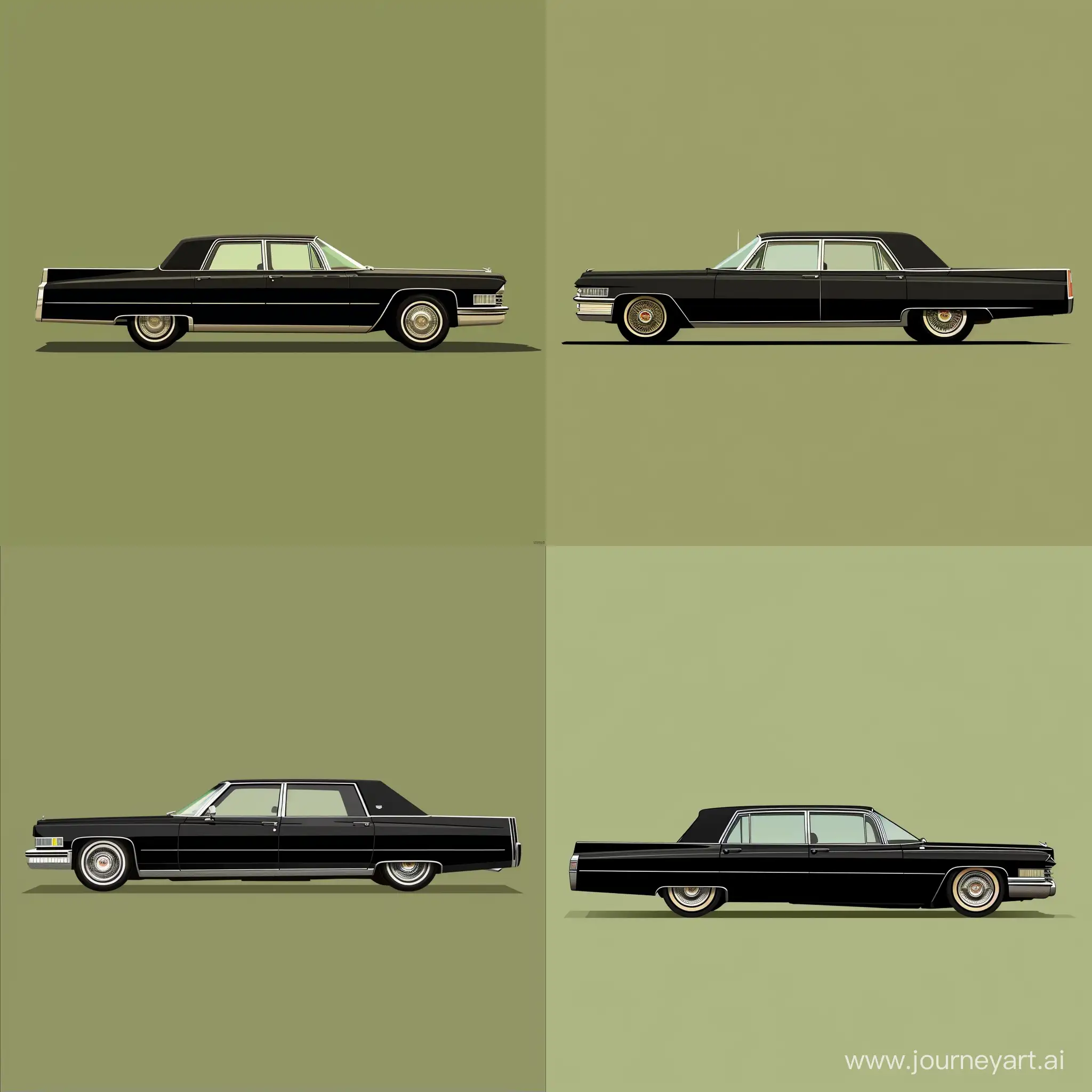 Minimalism 2D Side View Illustration of: Black Cadillac Brougham, Simple Olive Green Background, Adobe Illustrator Software, High Precision