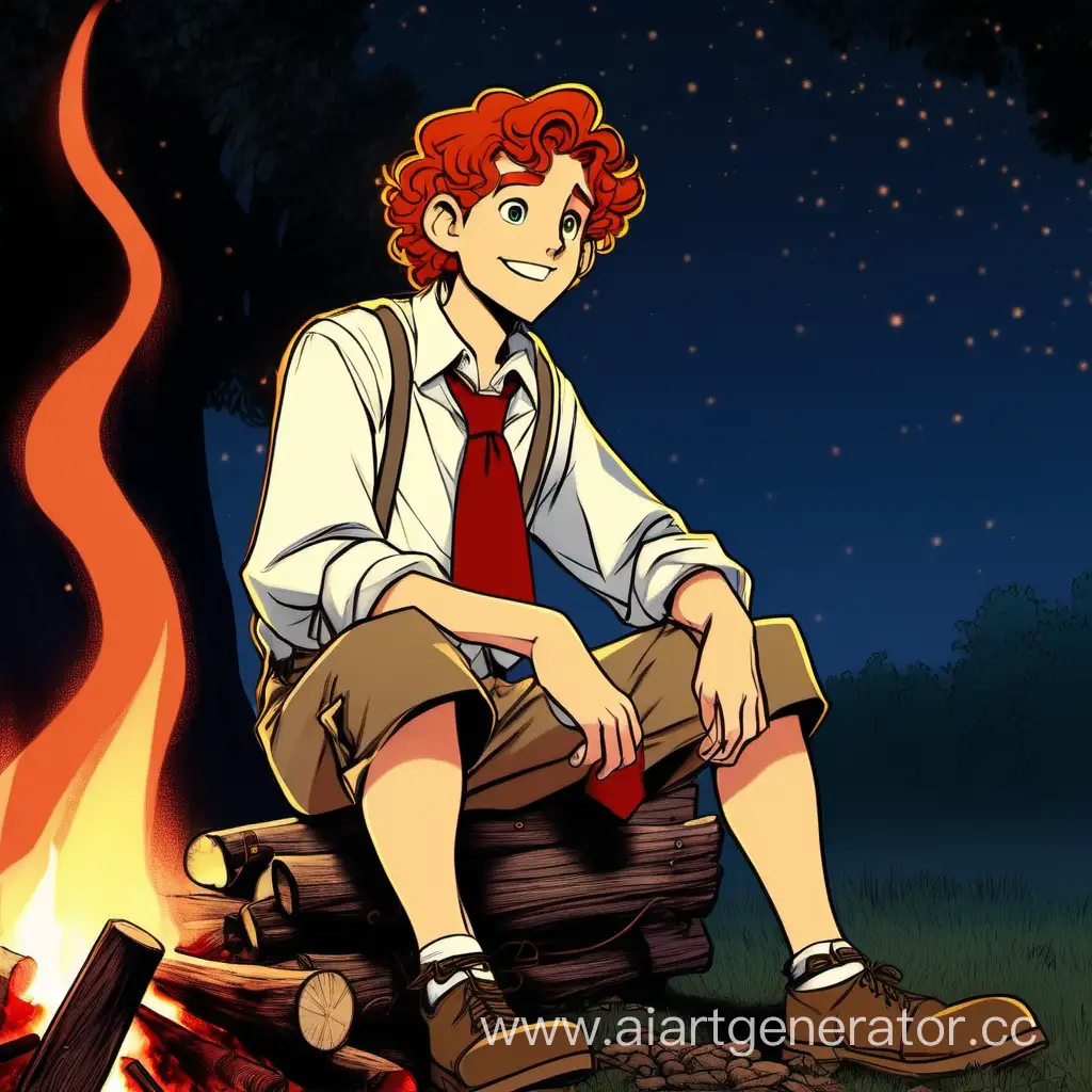 A 16-year-old guy with curly red hair and freckles in pioneer clothes: a white shirt on which a red tie and knee-length shorts are casually hanging. He sits at night and looks at a Disney-style bonfire