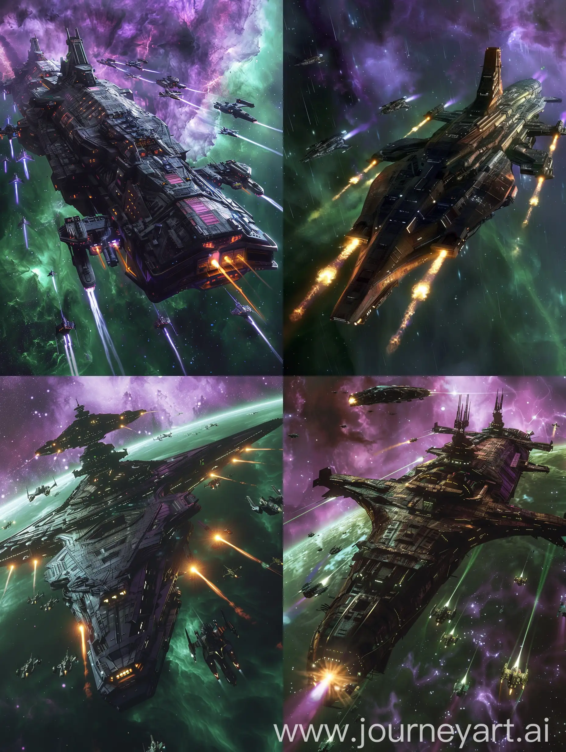 Science fiction, mass effect, starcraft, star wars, star trek, eve online, titan, mothership, capital ship, launching starfighters, docking bay, ship hangar, starfighters leaving hangar, purple and green nebula in background, lighting shines onto ship, background darker color, medium-low saturation in background, medium-high saturation on ship