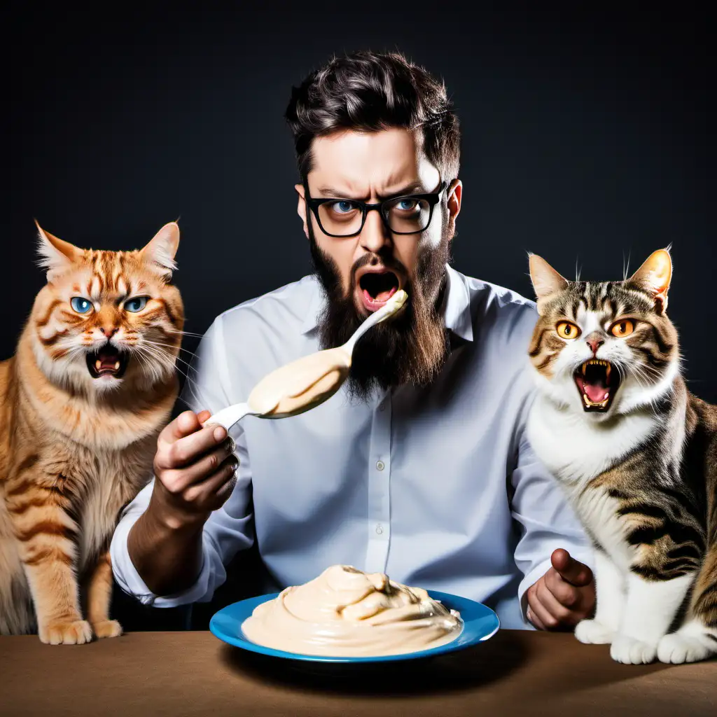 Bearded Man Enjoying Mayo with Two Displeased Cats