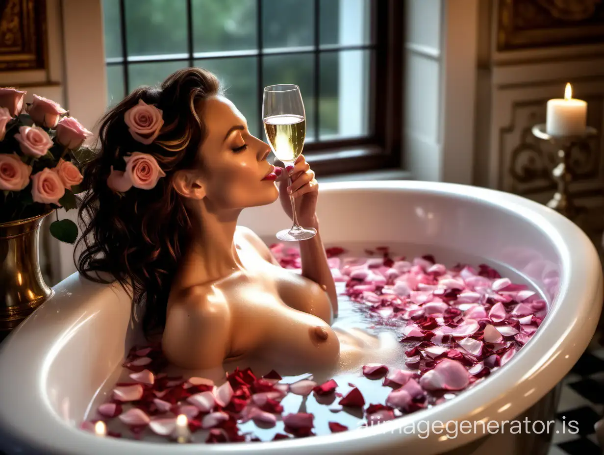 A big breasted woman model taking a luxurious bath in a glass tub, surrounded by rose petals, lit candles in low lighting, surrounded by the opulence of a high-end elegant bathroom that is architectural designed in Victorian style in white with gold trim. There is a window over the tub with beautiful rose bushes outside with beautiful pink and red roses on it. The image looks romantic, sexy, and alluring. The female model is a brunette with tan and toned skin about 25-30 years old, holding a glass of Champaigne, with a small saucer with fine chocolates on it. The model is relaxing on her back in the tub with the view looking downward on her from above. The model is smiling with her eyes closed. The model is thin at about 115-120 lbs.