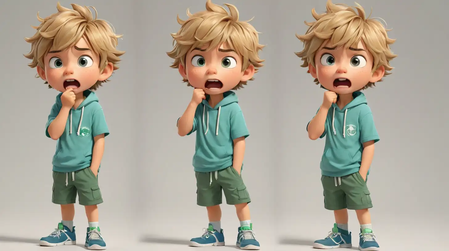 little cute  boy character, his throat hirts, holds his throat, sick,  cough, white background, multiple poses and expressions, cute 5 year old boy, blue- green shorts, green rubbers with white laces, blond-brown messy hair, ,flat color, in the style of chibi, detailed - iar 16:9