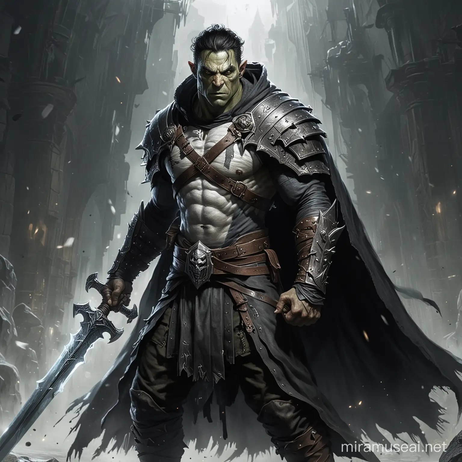 muscular half-orc, wielding a greatsword, white ghosts behind, black cloak on him