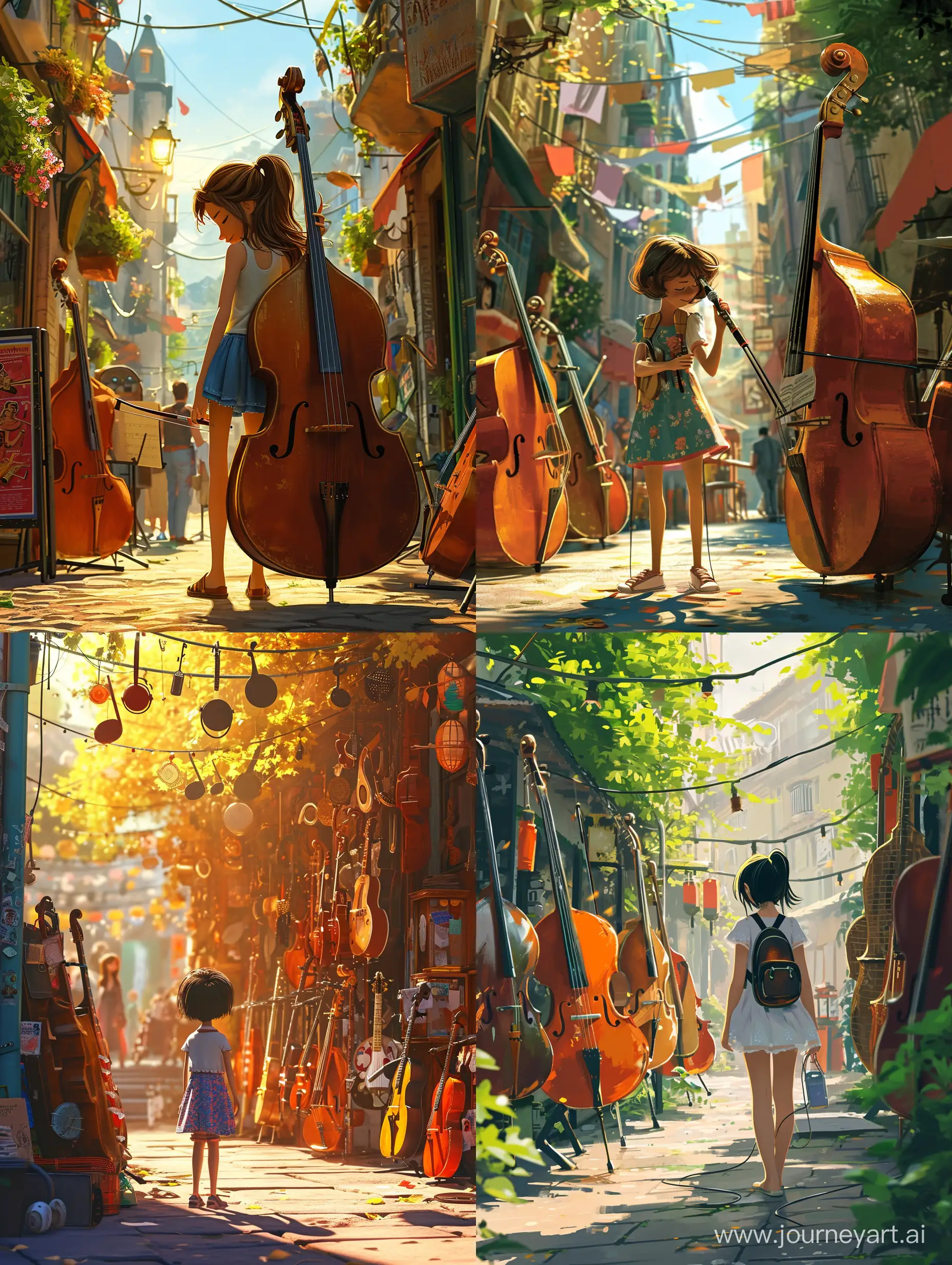 Joyful-Girl-Playing-Musical-Instruments-on-a-Sunny-Street-Pixar-Style