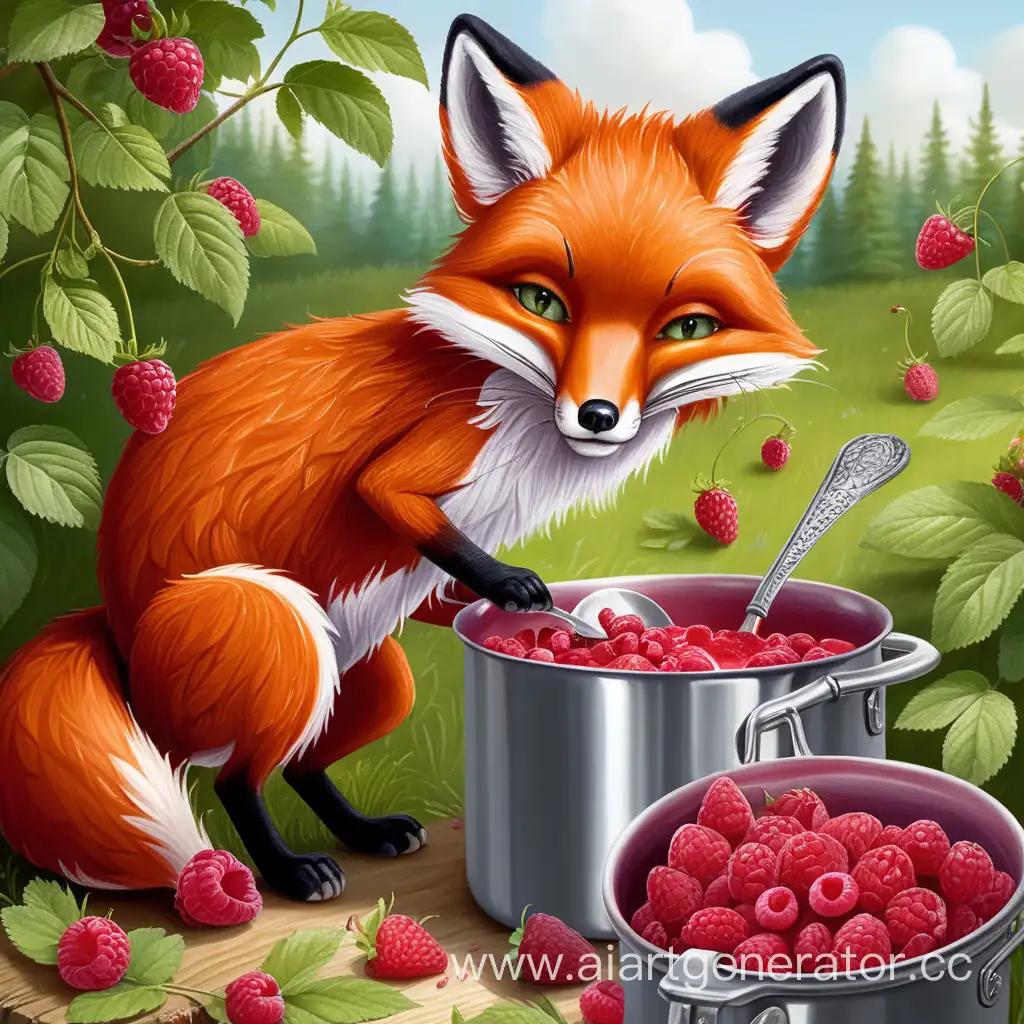 The red fox picked a lot of raspberries. In her grief, the red fox decided to make jam from these raspberries. The fox cooks raspberry jam in a huge saucepan and stirs the jam with a large spoon, which he holds with his little paws.