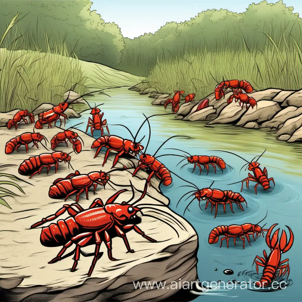 a crayfish is talking to 7 small crayfish by the river