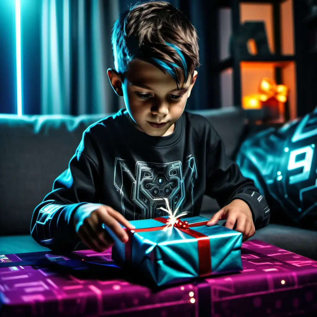 7 years old boy opening a present at home, cyberpunk style, ultra detailed