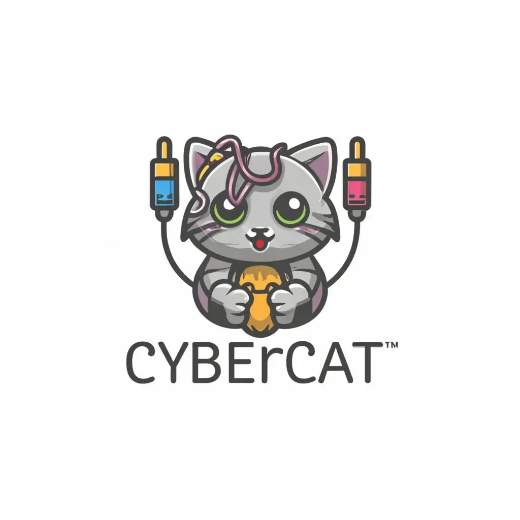 a logo design,with the text "name "Cyber Cat", security, privacy, technology, internet", main symbol:a cute cat holding a animal mouse and tangled in wires, in purple colors, be used in Internet industry