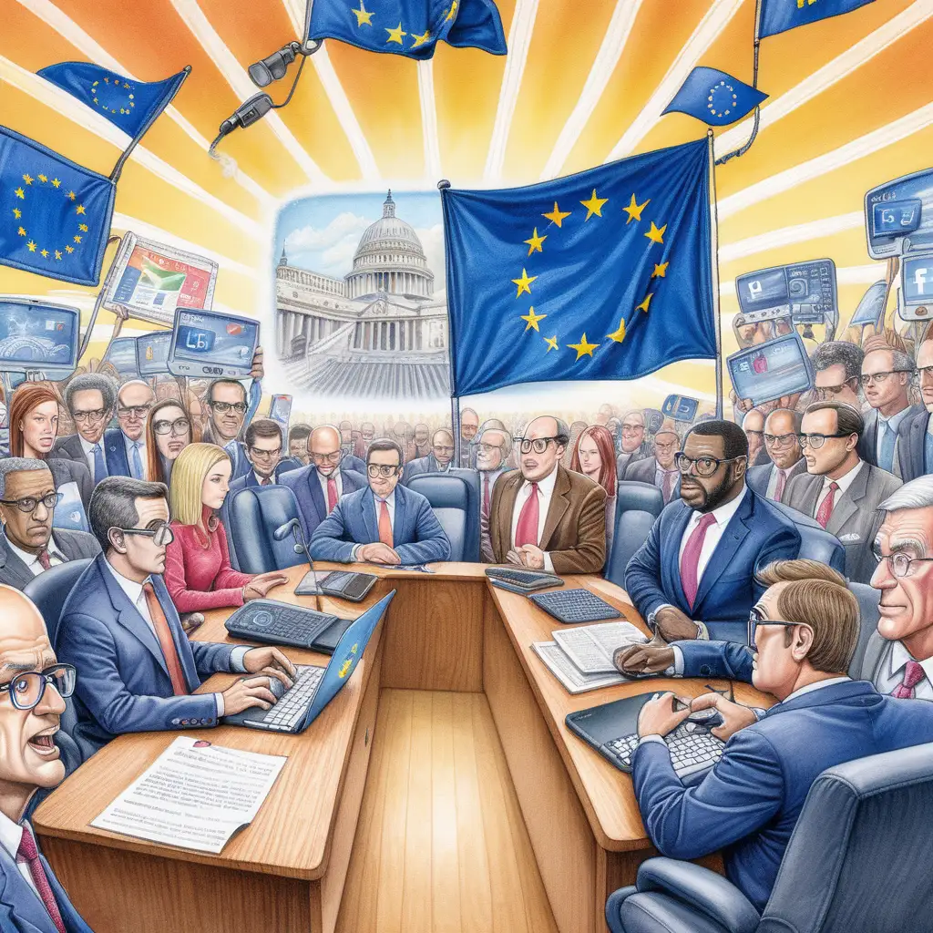 Create a vivid picture of the regulation of Big Tech. In the background, there must be the EU flag. The image must be in the style of Matt Wuerker.