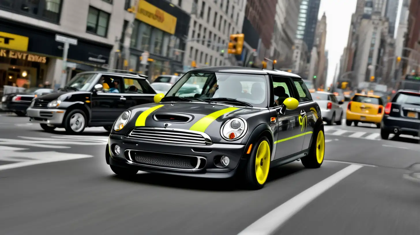 MINI R53 dark grey and neon yellow, 
driving in busy New York street, blured