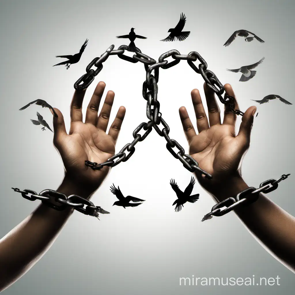 two raised hands breaking chains that turn into birds, with transparent background
