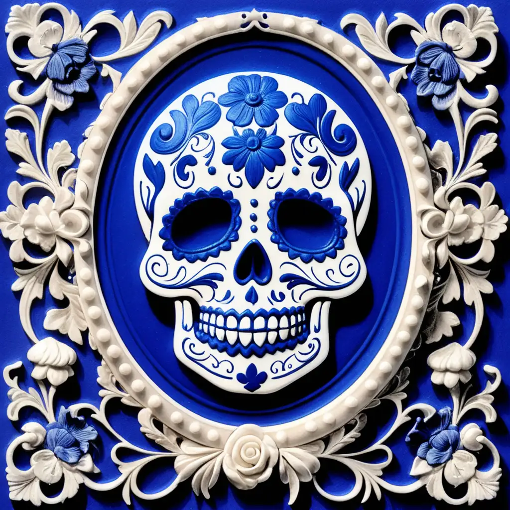 a 2 tone drawing of a sugar skull in a cameo in royal blue