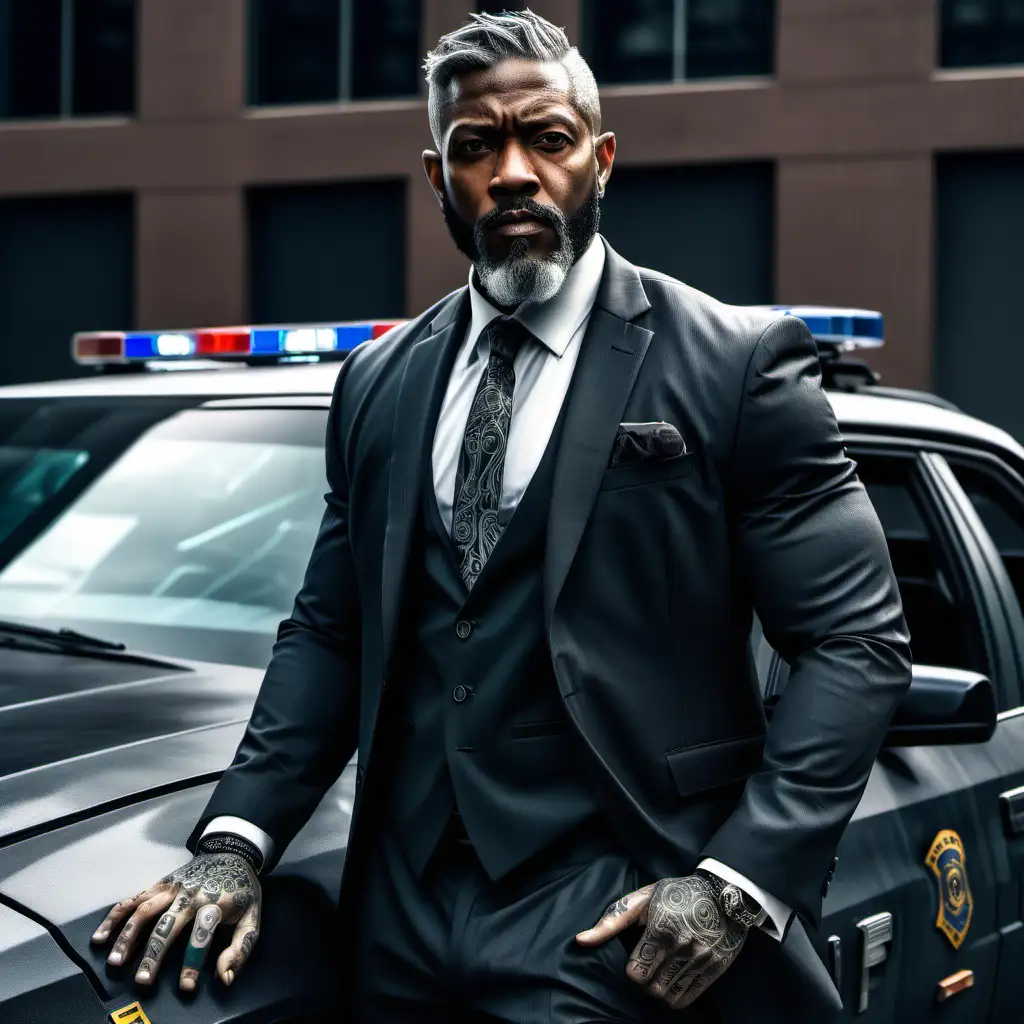 Black male detective 35 years dressed with Tattoos short grey Hair and a beard in suit standing in front of FBI car, futuristic, dystopia, dark, realistic